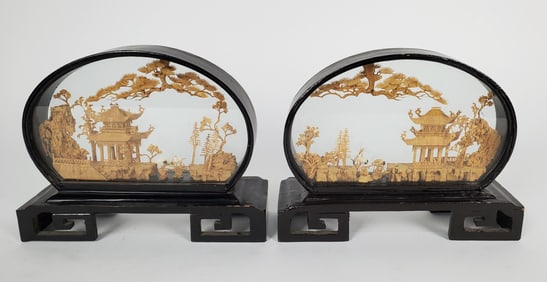 Pair of Chinese Cork Carvings in Ebonized Frames, 6 1/2" h. 8" w. 2 1/2" d.