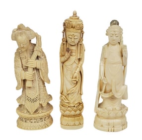 Group of Three Chinese Carved Figures, Two of Quan-Yin and One with a Sage holding a Bundle of