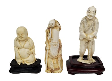 Group of Three Carved Figures, One a Japanese Deity representing Longevity, and the other a Japanese