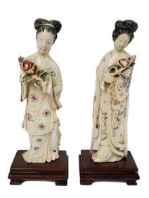 Two Chinese Carved Quan-Yin Figures with polychrome decoration, 6 1/8" h. 1 1/2" w., on wood stands.