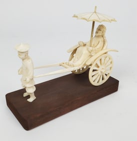 Chinese Carved Group of Attendant pulling a Rickshaw with Figure, 5 3/8" h. 4 1/4" L., on a wood