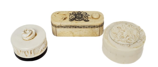 Two Chinese Carved Round Lidded Boxes and a Bone Carved and Etched Box,