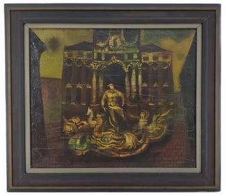 James Owen Mahoney (American, 1907-1987) Fountain of revi, Oil on board, Signed Mahoney lower right,