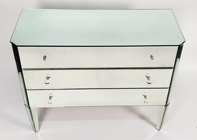 Contemporary Mirrored Chest of Three Drawers, 33" h. 42" w. 18 1/2" D., missing two glass ball pulls