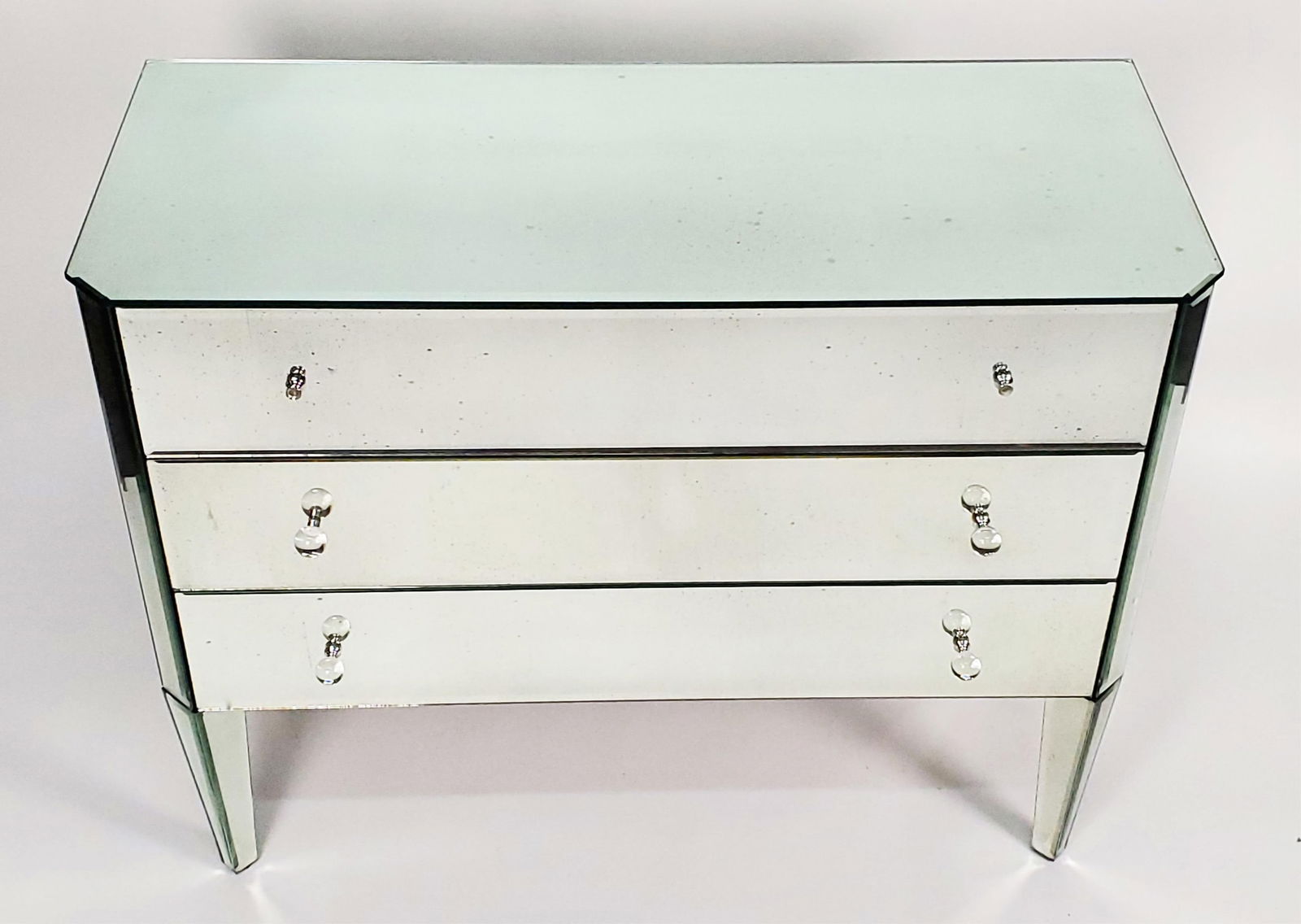 Contemporary Mirrored Chest of Three Drawers, 33" h. 42" w. 18 1/2" D., missing two glass ball pulls (1 of 3)