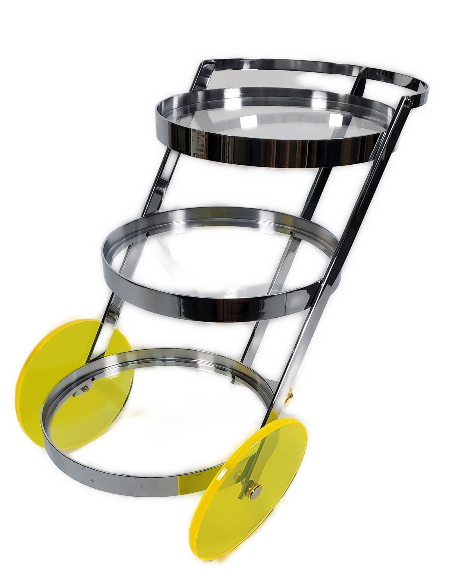 Contemporary Chrome and Plexiglas Three Tier Bar Cart, 34" h. 22 1/2" w. 42" d. (1 of 2)