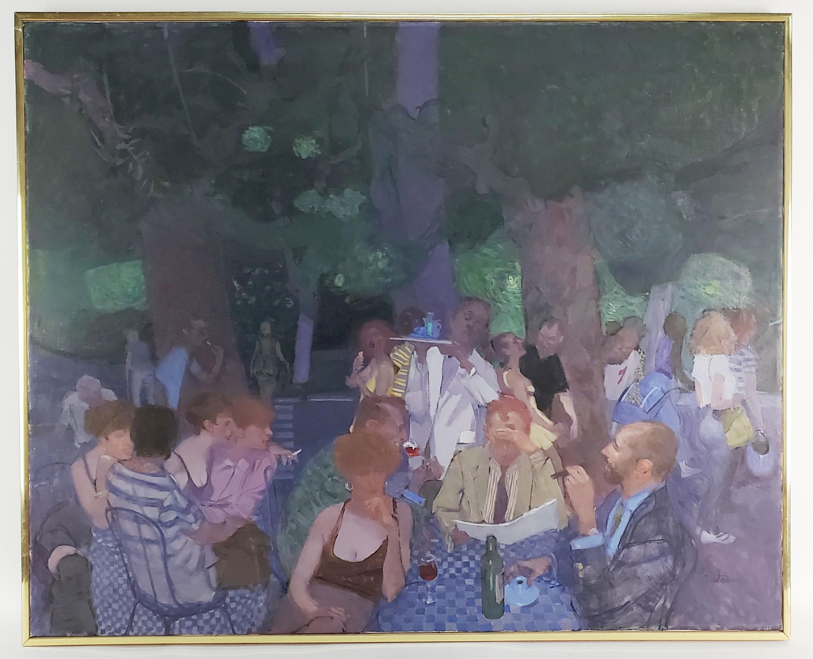 A 20th Century Oil on Canvas Painting, Restaurant Scene on a Veranda with Figures, Signed R. Baxter: A 20th Century Oil on Canvas Painting, Restaurant Scene on a Veranda with Figures, Signed R. Baxter lower right, 32" x 42 1/8", Framed-35" x 43"