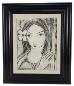 Victor Manuel Garcia Valdes (Cuban, 1897-1969) Portrait of a Girl with Flower, Charcoal and graphite