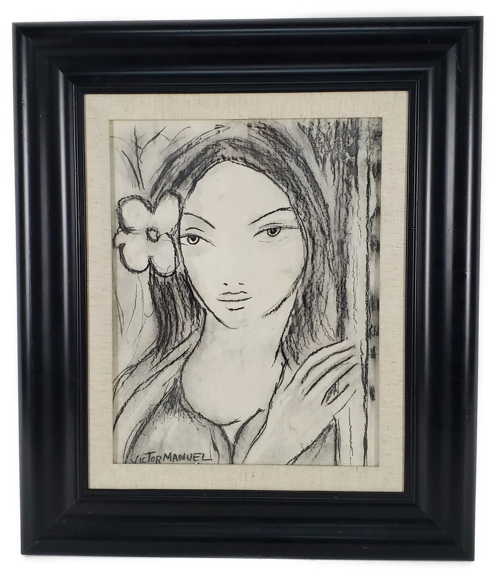 Victor Manuel Garcia Valdes (Cuban, 1897-1969) Portrait of a Girl with Flower, Charcoal and graphite (1 of 4)