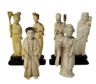 Group of Six Chinese and Japanese Carved Figures, to include three Chinese and two Japanese,,