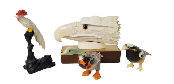 Group of Four Carved Birds, Eagle Head on wood stand and three polychrome decorated birds, Eagle-2"