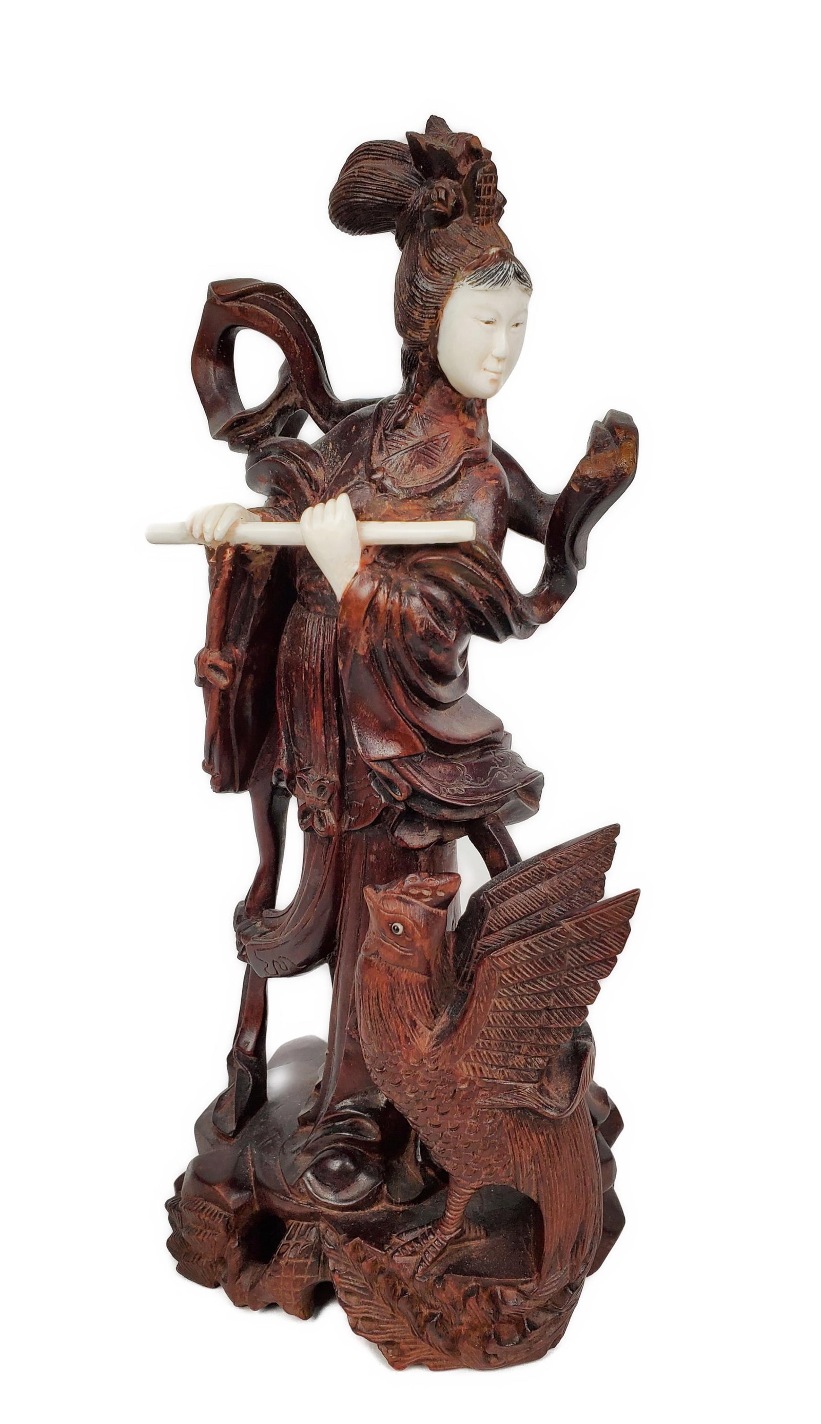 Chinese Bone and Wood Carving of a Standing Female Musician with Flute and Bird, 12 1/2" h. 5" w. 4: Chinese Bone and Wood Carving of a Standing Female Musician with Flute and Bird, 12 1/2" h. 5" w. 4 1/4 d.