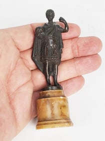 Ancient Grand Tour Bronze Standing Roman Figure, mounted on marble socle base, 2 3/4" h. 1" w.,