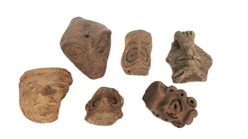 Group of Six Pre-Columbian Pottery Artifacts to include: Five pottery fragments and one reptile head