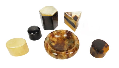 Group of Seven Antique Small Lidded Boxes to include: Horn, Bone, and Tortoiseshell including a