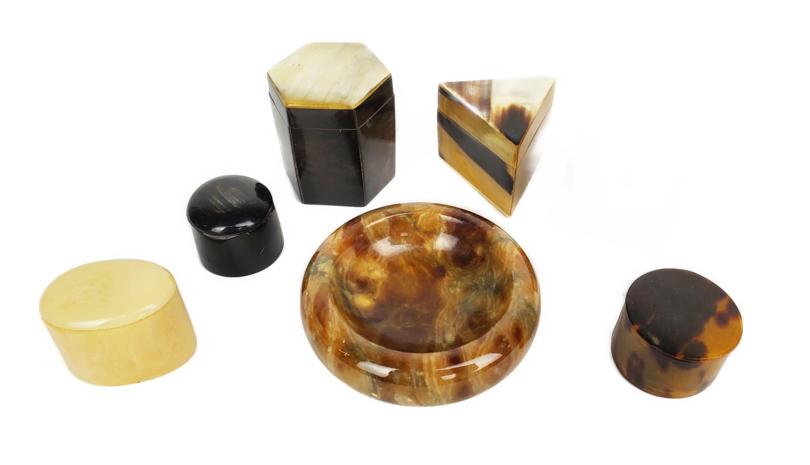Group of Seven Antique Small Lidded Boxes to include: Horn, Bone, and Tortoiseshell including a: Group of Seven Antique Small Lidded Boxes to include: Horn, Bone, and Tortoiseshell including a small polished stone dish, Tallest-2" h.