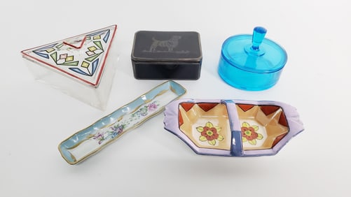 Group of Three Glass Vanity Boxes and Two Porcelain Trays, including a Sterling overlay black opaque