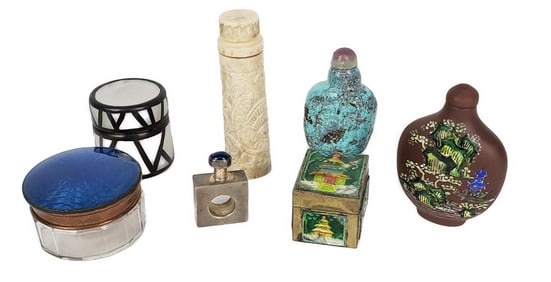 Group of Seven Misc. Objects to include: two snuff bottles, an enameled lidded box with small chip,