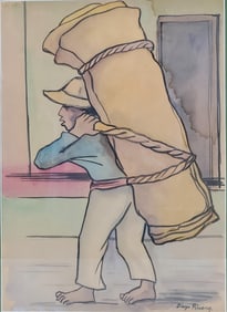 Manner of Diego Rivera (Mexican, 1886-1957) Pottery Carrier, Watercolor on paper, Signed Diego