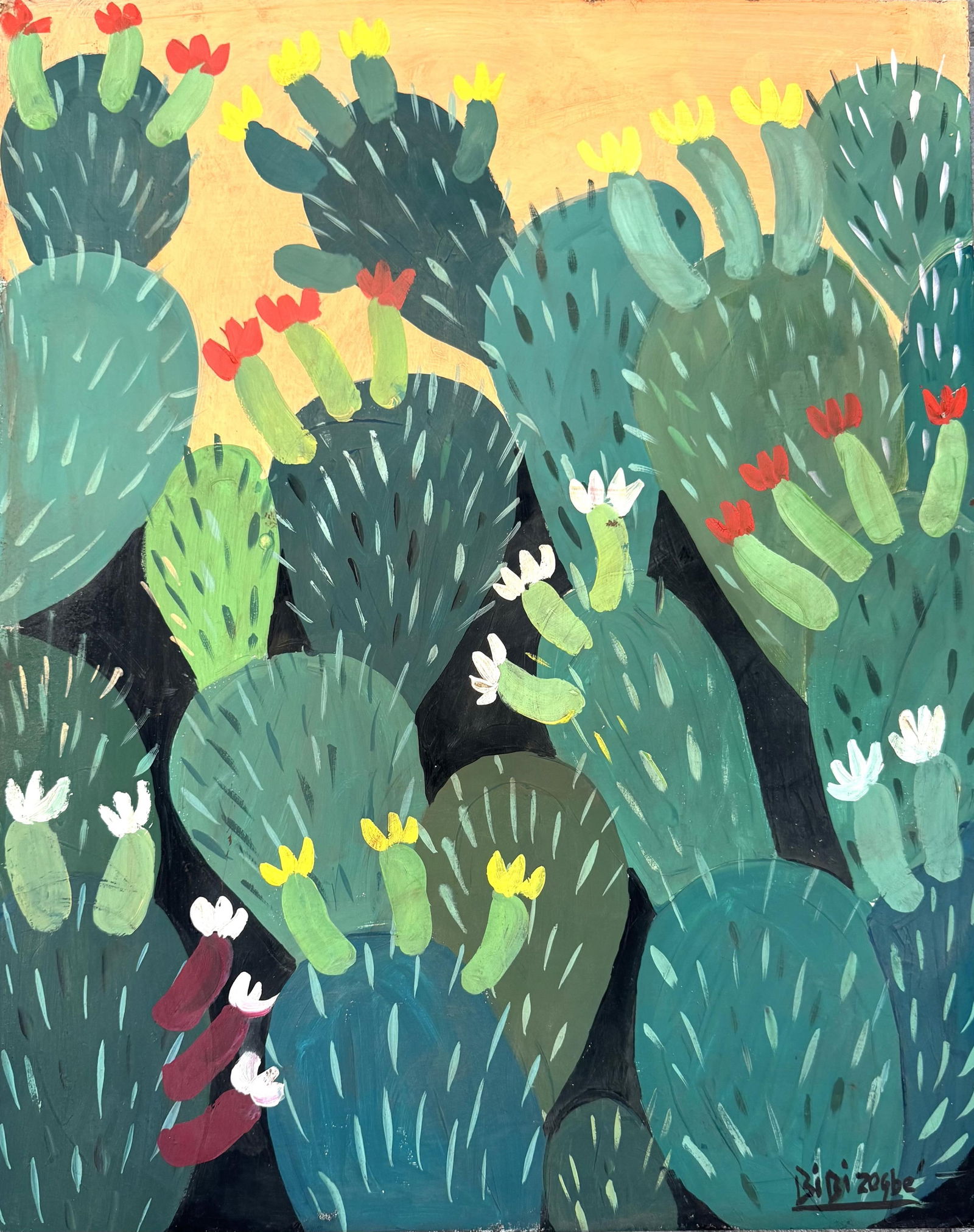 Bibi Zogbe (Lebanese, 1890-1975), Cactus Landscape, Oil on board, Signed lower right, Verso signed (1 of 3)