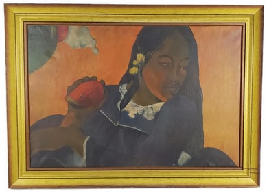 After Paul Gauguin (French, 1848-1903) Woman with Mango, Oil on canvas, Unsigned, 19 1/2" x 28 1/2",