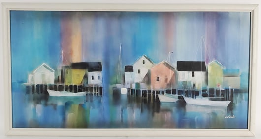 Herbert Weintraub (American, 1934-2019) Fishing Boats Moored with Docks and Houses, Oil on canvas,