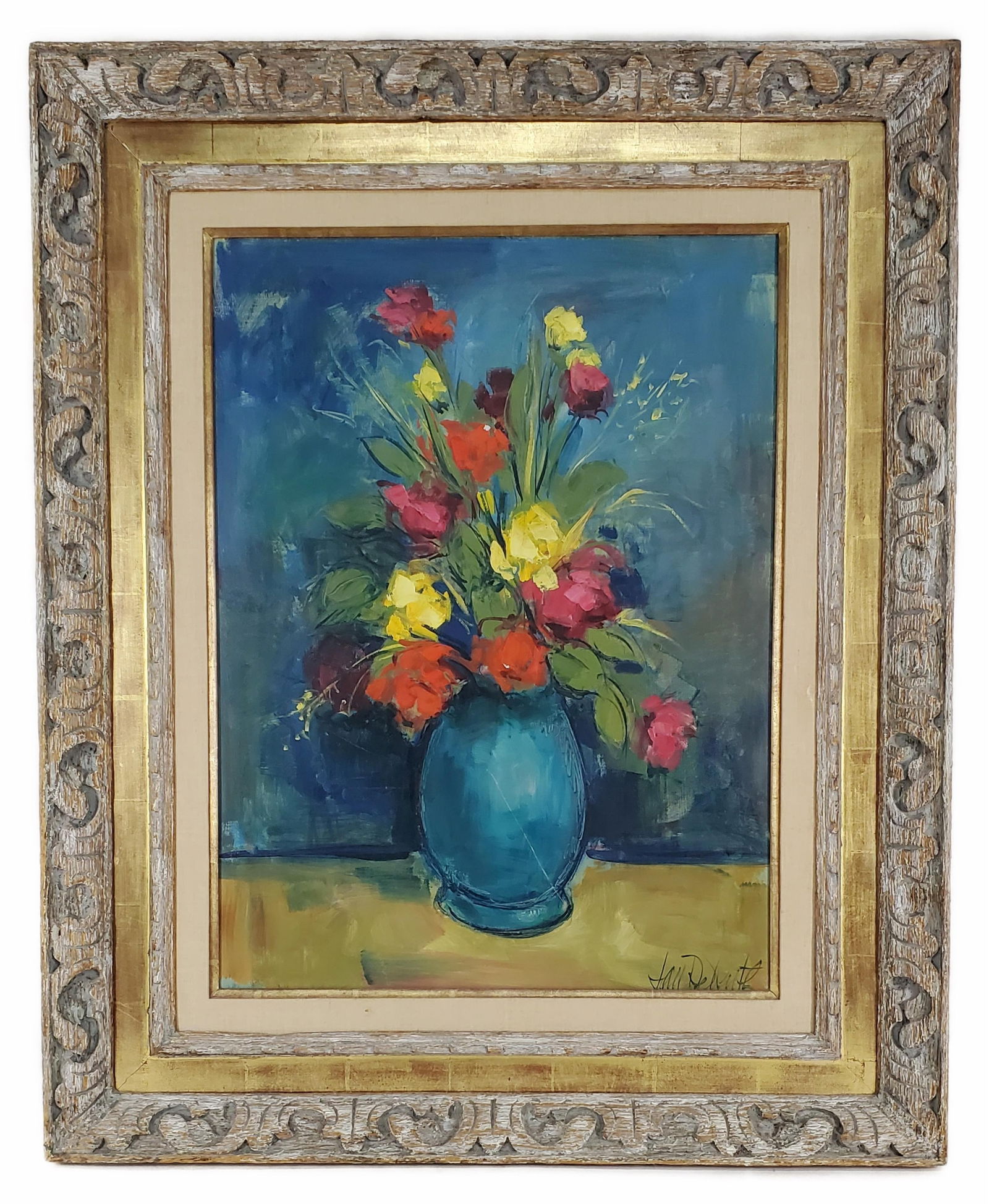 Jan de Ruth (Czech/American, 1922-1991) Still Life of Flowers, Oil on canvas, Signed lower right,: Jan de Ruth (Czech/American, 1922-1991) Still Life of Flowers, Oil on canvas, Signed lower right, Verso bears gallery label from Harbor Gallery, Cold Spring Harbor, N.Y., 24" x 18", Framed-33 1/2" x 2