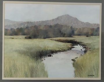Bryan Keith Smith (American, 1957-2014) River Mountain Landscape, Watercolor on paper, Signed lower