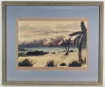 Vincente Manasala (Filipino, 1910-1981) Beach with Palm Trees Landscape, Watercolor on paper, Signed