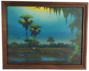 Alfred Hair (American/Florida, 1941-1970) Moonlit Backwater Landscape with Heron, Oil on board,