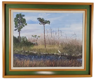 Sam Vinikoff (American/Florida, 1919-2010) Backwoods Swamp with Egret, Oil on canvas, Signed and