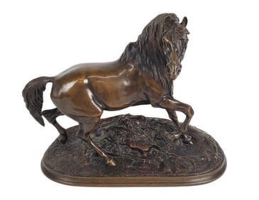 Pierre Jules Mene (French, 1810-1879) Wild Stallion Bronze Sculpture, Signed on base, 11 3/4" h. 14