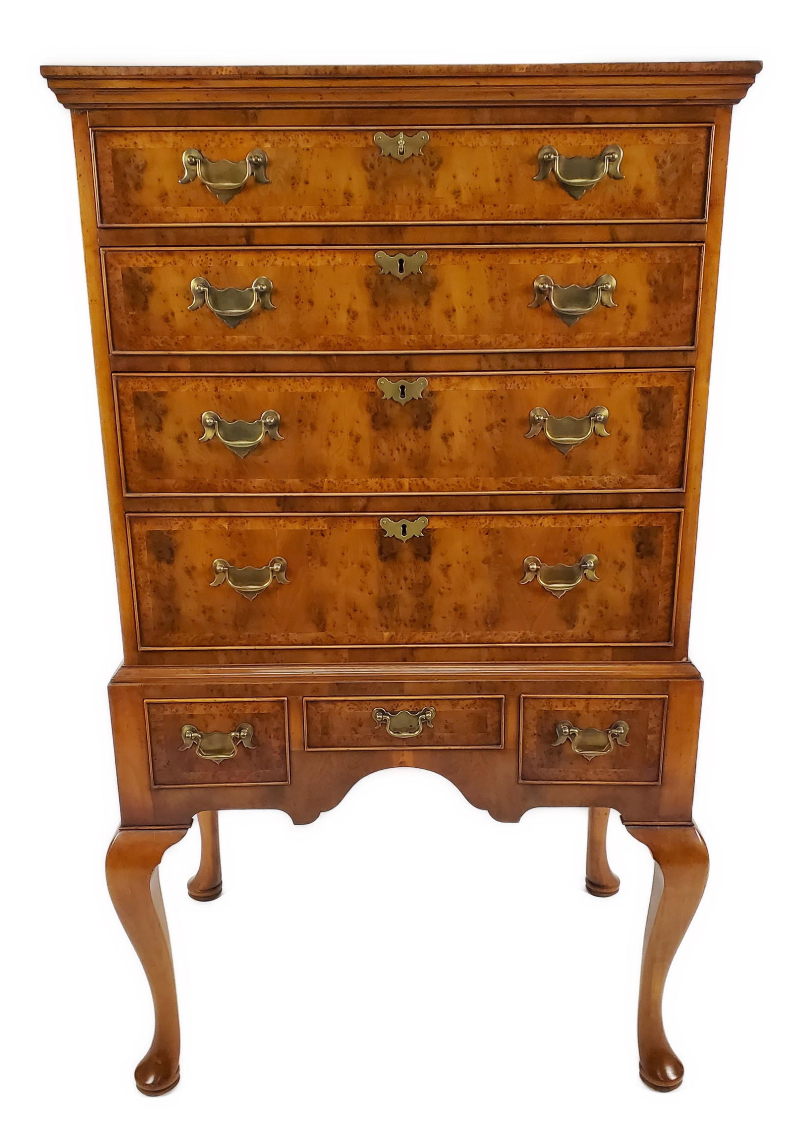 Custom Burl Walnut Tall Boy, 20th Century, 52 1/4" h. 31" w. 21" d., beautiful condition. (1 of 4)