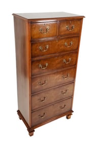 Smith and Watson, New York Custom Burl Walnut Tall Lingerie Chest, 20th Century, with maker's metal