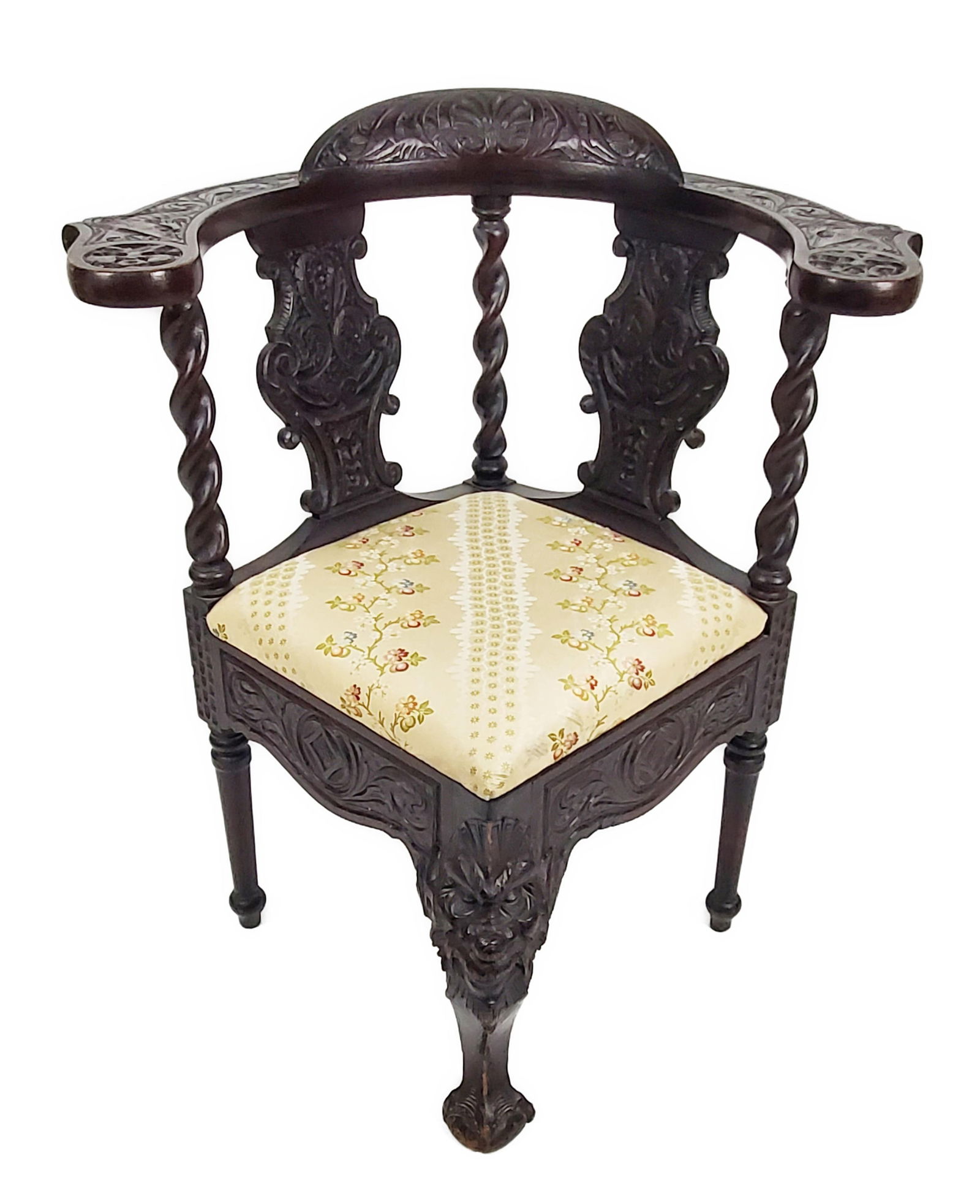 English 19th Century Carved Corner Chair, barley twist supports with fretwork carving and grotesque (1 of 5)