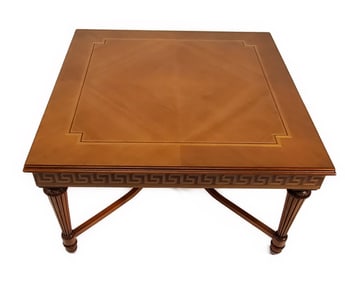 Modern Faux Inlaid Coffee Table, 20th Century,, cross stretcher base with fluted legs, 20" h. 34