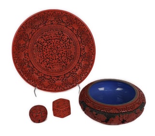 Four Pieces of Chinese Cinnabar to include: Plate, Bowl, and Two Lidded Boxes, Bowl-3 1/8" h. 8" w.,