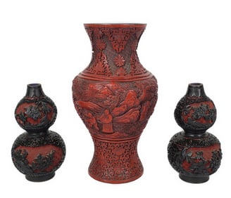 Three Chinese Cinnabar Vases, 9 5/8" h. and 6" h.