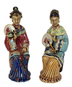 Pair of Chinese Porcelain Glazed Court Ladies Holding Fans, 9" h.