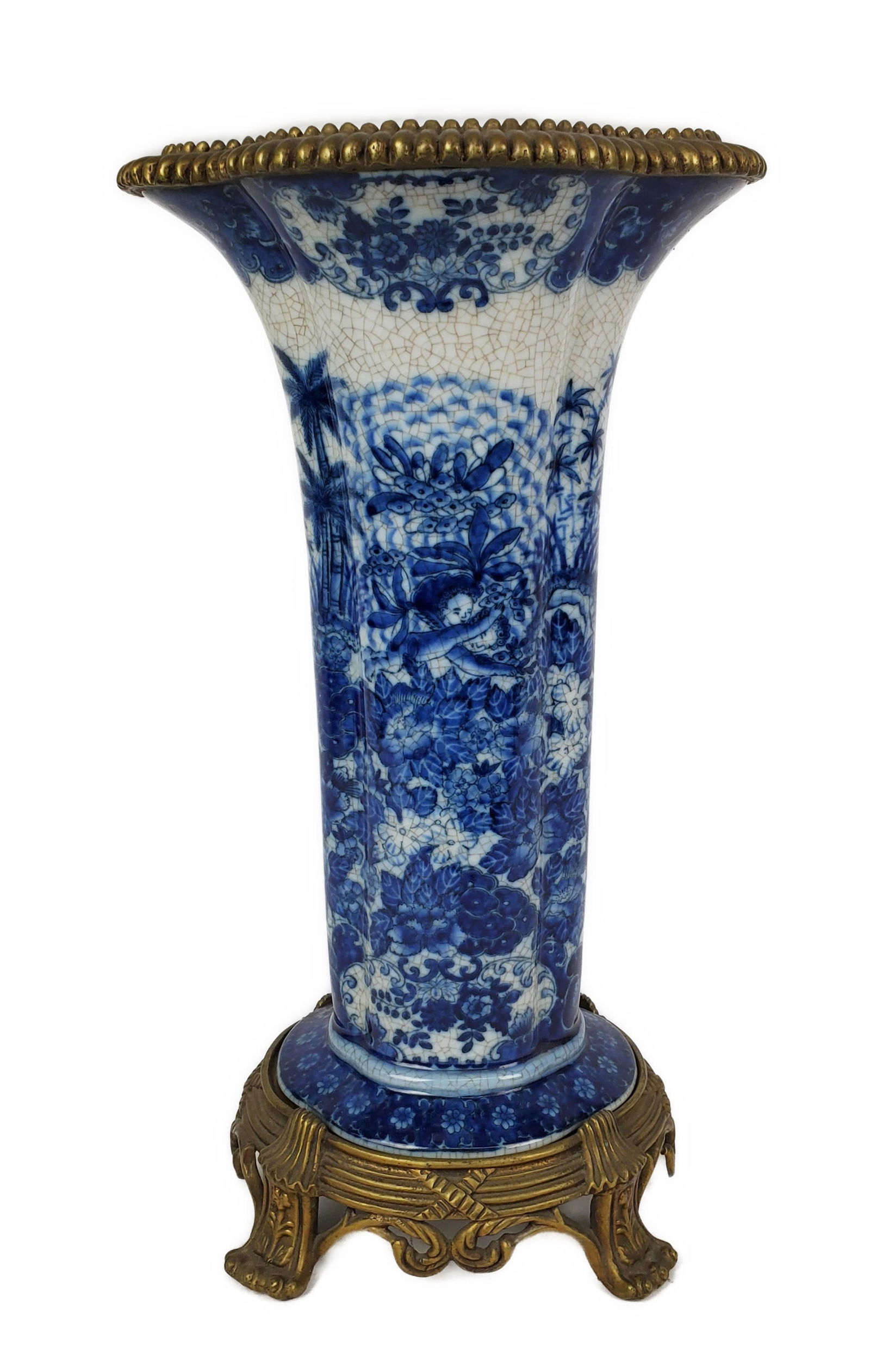 Chinese Blue and White Bronze Mounted Tall Vase, 20th Century, marked underside, 16 1/2" h. 8 7/8" (1 of 6)