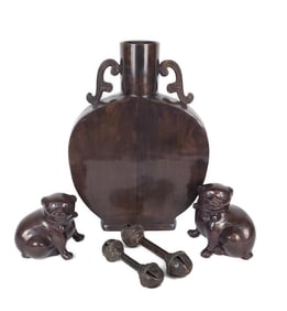 Group of Five Japanese 20th Century Bronze Objects to include: a large Chinese moon flask, Two