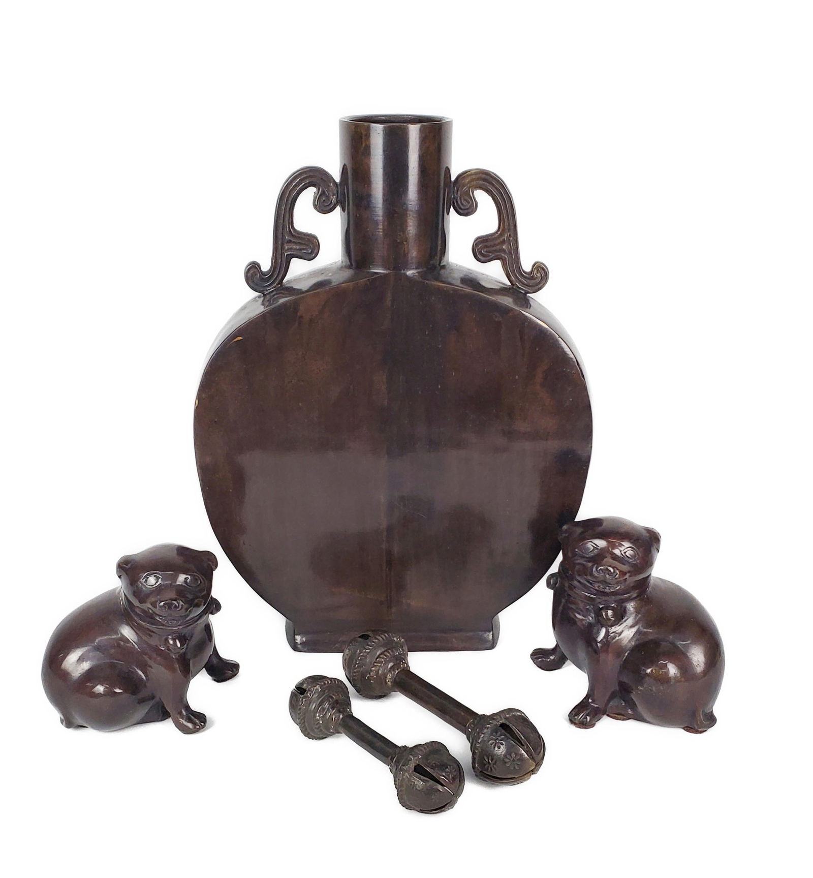 Group of Five Japanese 20th Century Bronze Objects to include: a large Chinese moon flask, Two (1 of 6)