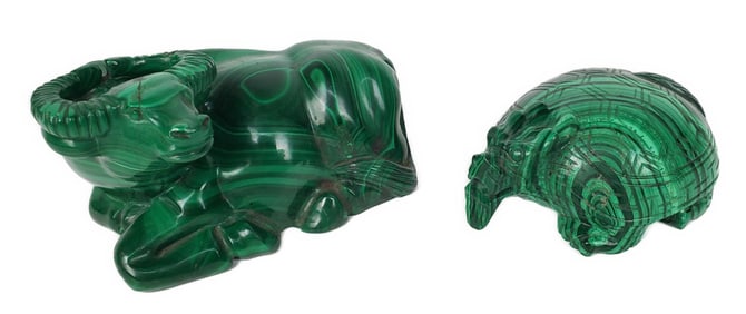 Two Pieces of Carved Malachite to include: Turtle and Bull, Bull-2 1/4" h. 4" w. 2 1/2" d. and