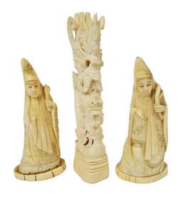 Two Chinese Carved Sages and a Bone Carved Winged Deity and Dragon, 4 1/2" h. 3" w. and 6" h.