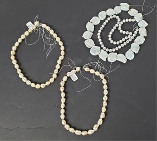 Three Strands of Natural Pearls and One strand of Mother of Pearl, Longest-16", will need to be