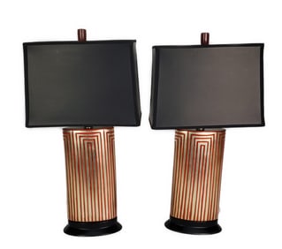 Pair of Contemporary Ceramic Table Lamps with Silver Finish and Red Stripes with Black Shades,