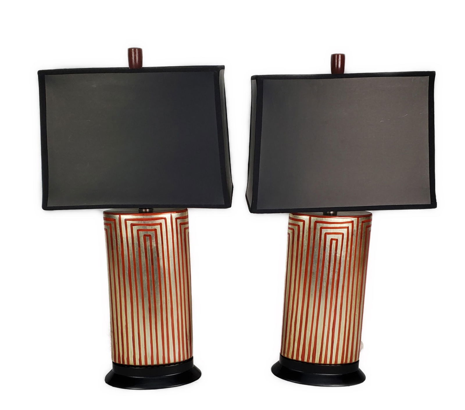 Pair of Contemporary Ceramic Table Lamps with Silver Finish and Red Stripes with Black Shades, (1 of 2)
