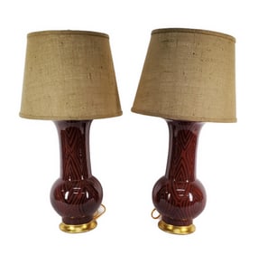 Pair of Contemporary Table Ceramic Lamps with Red Finish and Black Geometric Patterns and Burlap