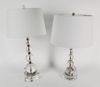 Two Contemporary Table Lucite Lamps with Graduated Spheres and Linen Shades, Tallest-26" h.