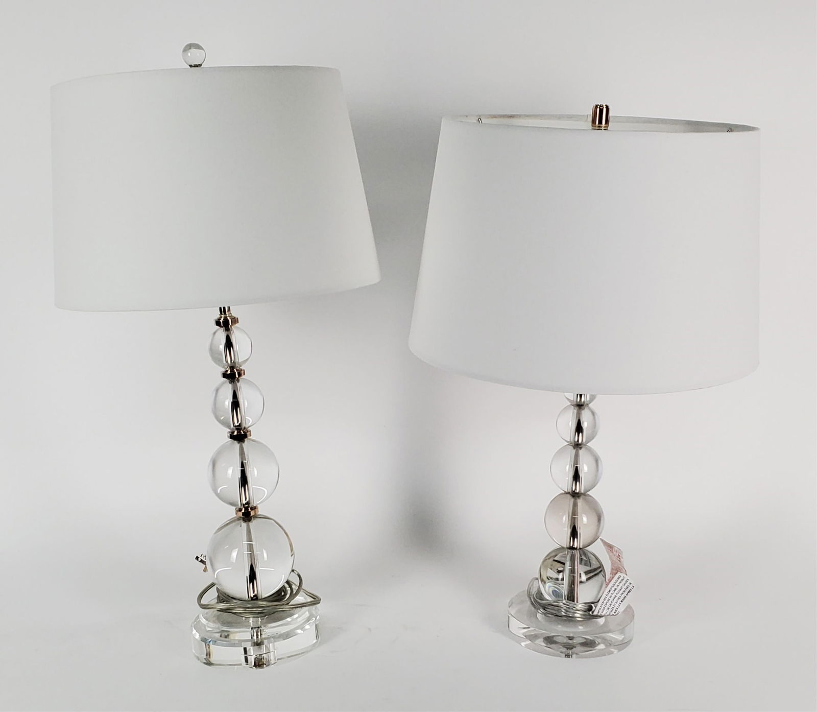 Two Contemporary Table Lucite Lamps with Graduated Spheres and Linen Shades, Tallest-26" h. (1 of 3)